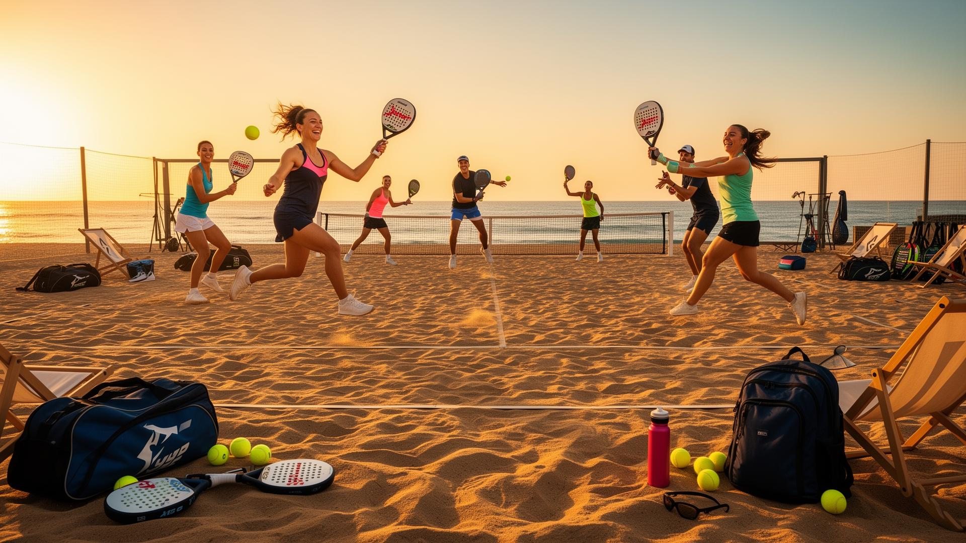 Atletas jogando beach tennis no pôr do sol